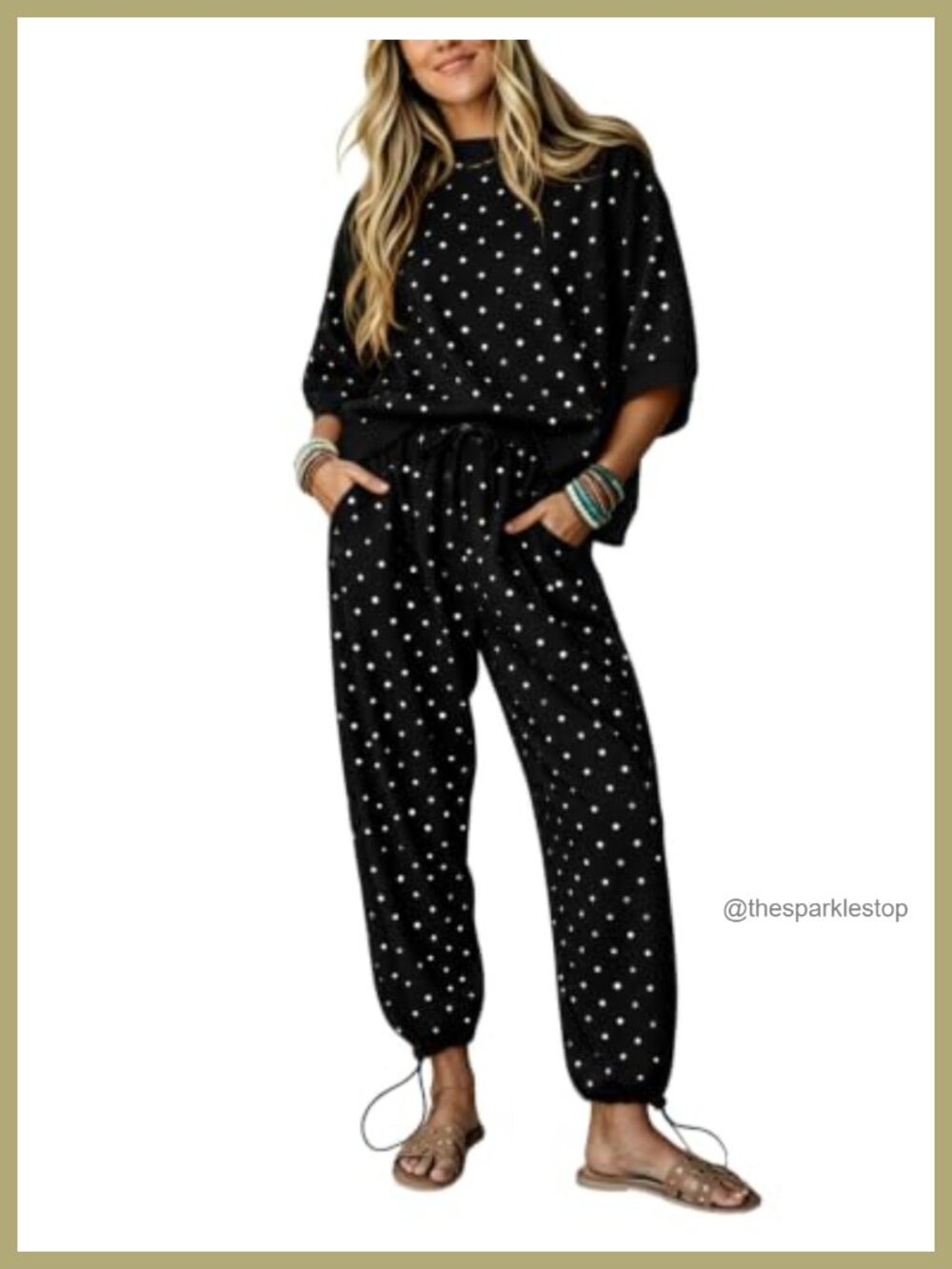 Women's Cotton Blend Polka Dot 2-Piece Jogger Set Raglan Top NEW